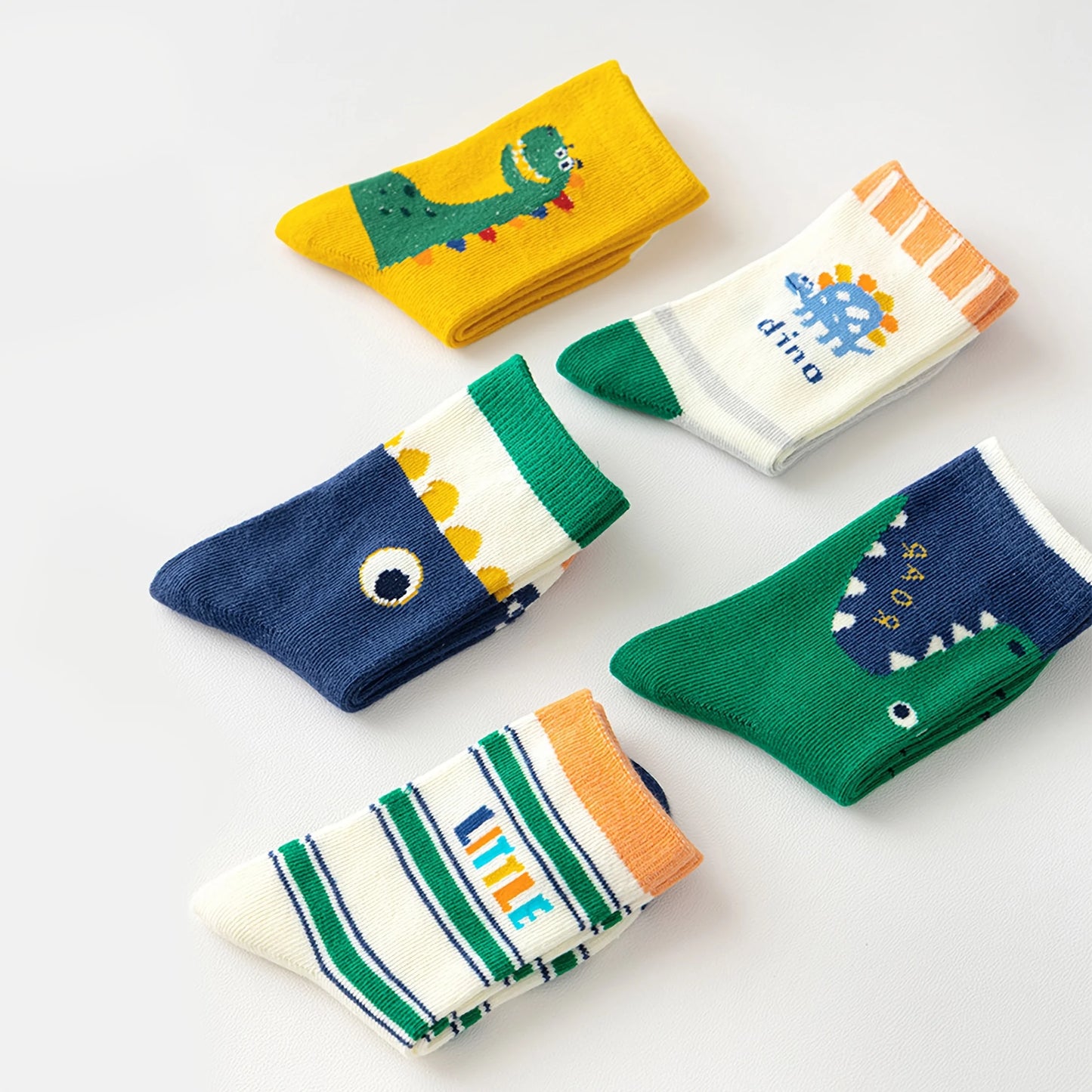 5 Pairs of Children's Floor Socks with Letter Stripes, Cartoon Big-Eyed Dinosaur Pattern, Boys and Girls Baby Toddler Soft-Soled Indoor Non-Slip Mid-Calf Socks, Suitable for Casual Daily Life