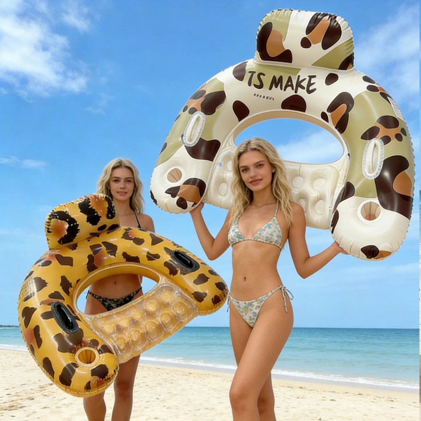 1/2PC Inflatable Pool Float Chair with Cup Holder, Water Hammock Lounger, Leopard Print, Ideal for Summer Relaxation