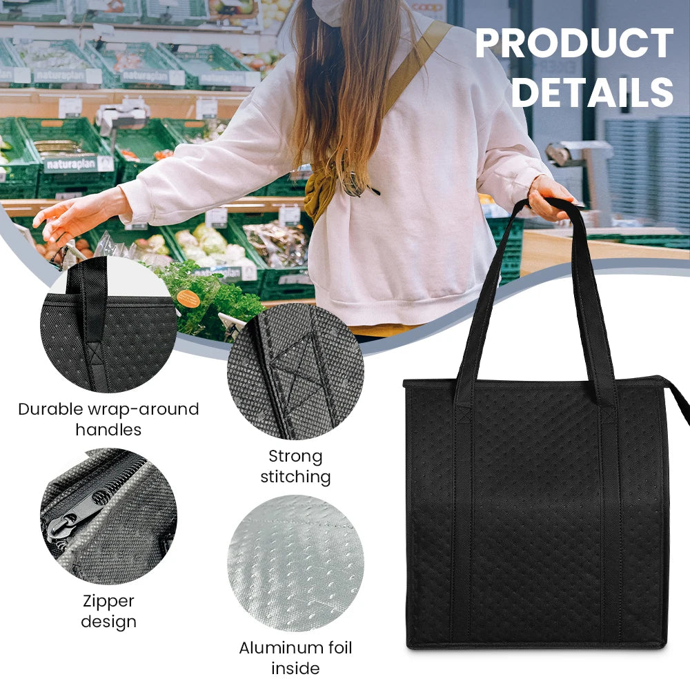 Large Insulated Reusable Grocery Bag with Zipper & Front Pocket, keep cool/warm for hours for Camping Picnic, fishing, shopping