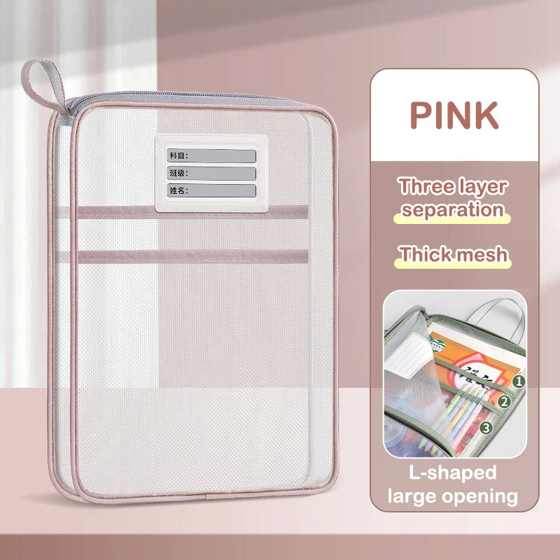 〔R〕A4 Stationery Storage Bag Double-layer Mesh Zipper Bag Large Capacity Organizer Folders School Office Supplies Stationary Bag