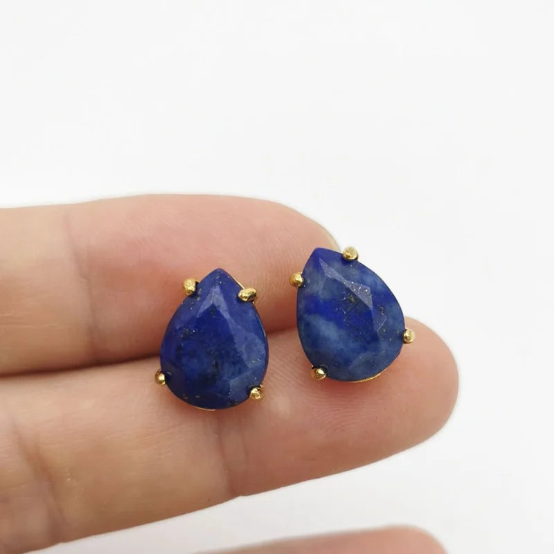 Water Drop Shape Stud Earrings Golden Color Natural Stone Faceted Pink Quartz Crystal Tiger Eye opal Healing Jewelry Female