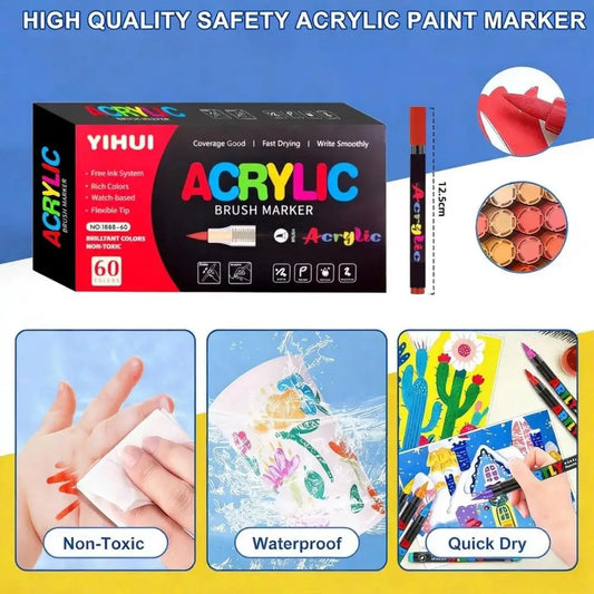 60 Colors Acrylic Paint Pens Markers Brush Tip Paint Markers for Rock Painting Wood Stone Glass Ceramic Records Gift DIY Crafts