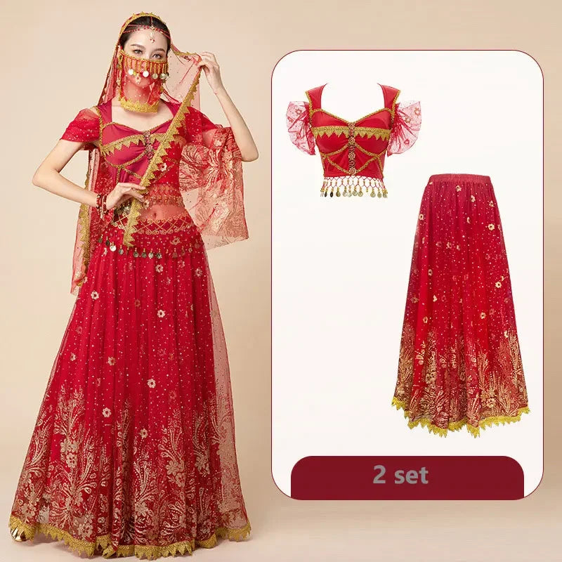 Women Festival Halloween Cosplay Belly Dance Top Dress Adult Indian Arab Jasmine Sari Fantasy Rave Bollywood Outfit Costume Suit