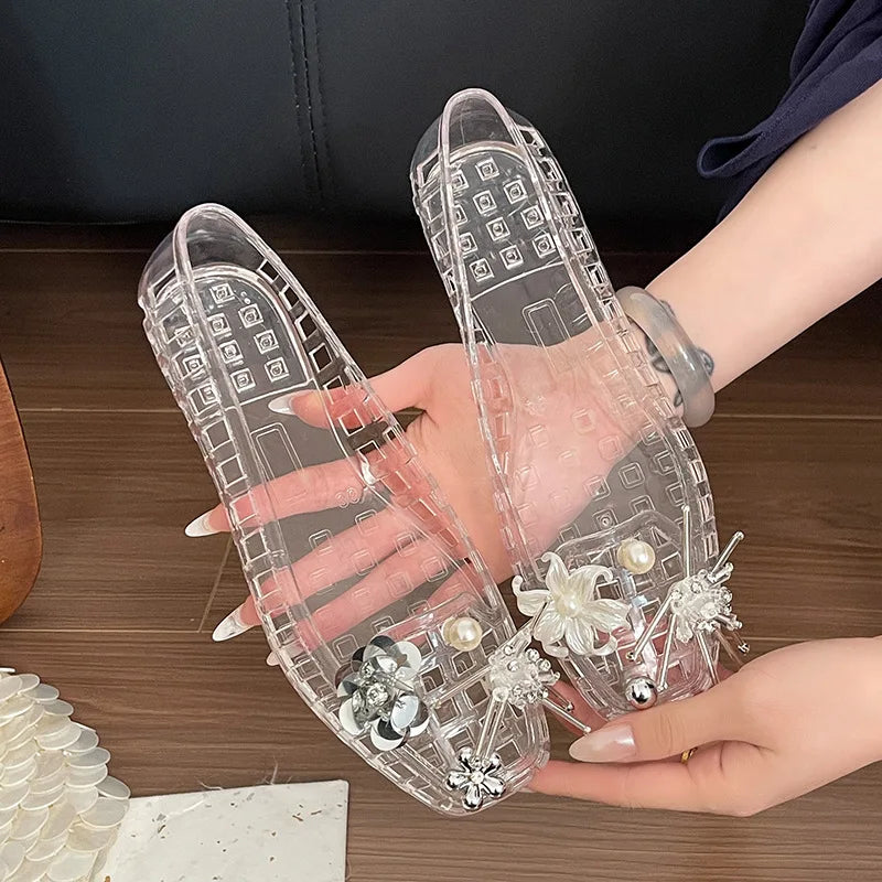 Elegant Glitter Pearl Flower Pvc Jelly Shoes Women Summer 2026 DIY Pearl Transparent Sandals Clogs Korean Ballet Flats for Women