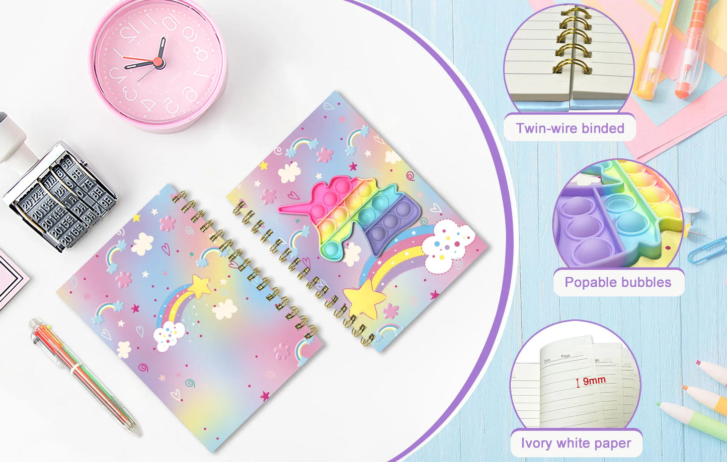 Pop Notebook for Kids, A5 Fidget Girls Diary Journal with 6 Multicolor Pen, Spiral Journal Writing Drawing Gifts Stuff Age 6 8 1