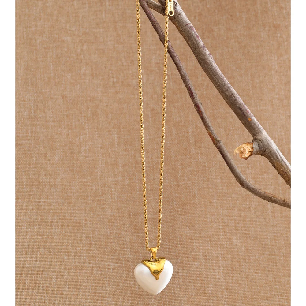 Yhpup Stainless Steel Imitation Pearls Heart Pendant Necklace for Women Elegance Popular Chic Romantic Korean Jewelry Gift