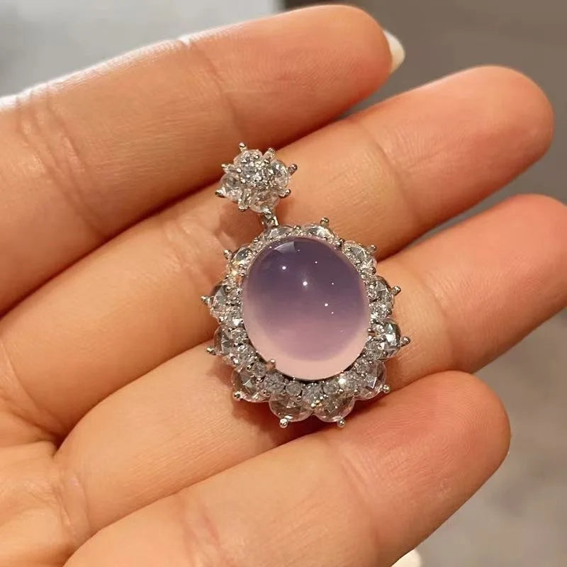 silver 925 inlaid diamonds natural chalcedony violet pendant necklace sweet original collar chain wedding fine jewelry gift