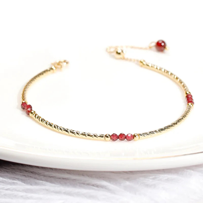 Exquisite 14k Gold Plated Wine Red Natural Garnet Beaded Bracelets for Women Female Lucky Fashion Jewelry Christmas Gifts YBR585