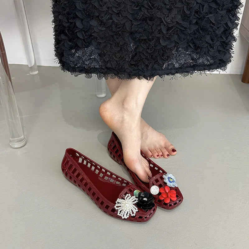 Transparent Crystal Jelly Sandals Hollow Out Slippers Korean Style Flat Shoes Women's Square Toe Shallow Slip on Ballet Loafers