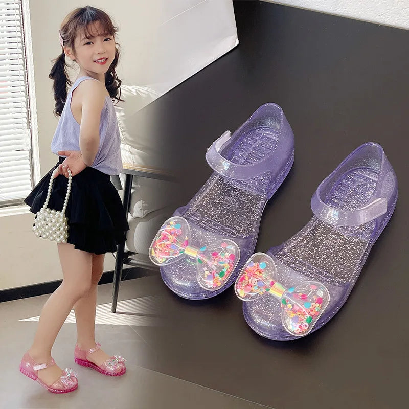 Summer Bow Crystal Jelly Girl Casual Princess Sandals Children Closed-Toe Non-Slip Soft Sole Beach Shoe Kids Casual Outdoor Shoe