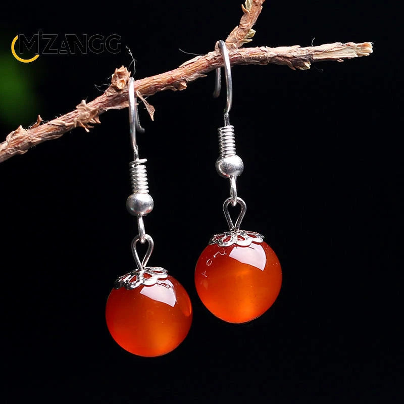 Natural S925 Silver Inlaid Chalcedony Round Beads Long Earrings Vintage Green Agate Ear Stud Charming Jewelry Lady Mother Gift