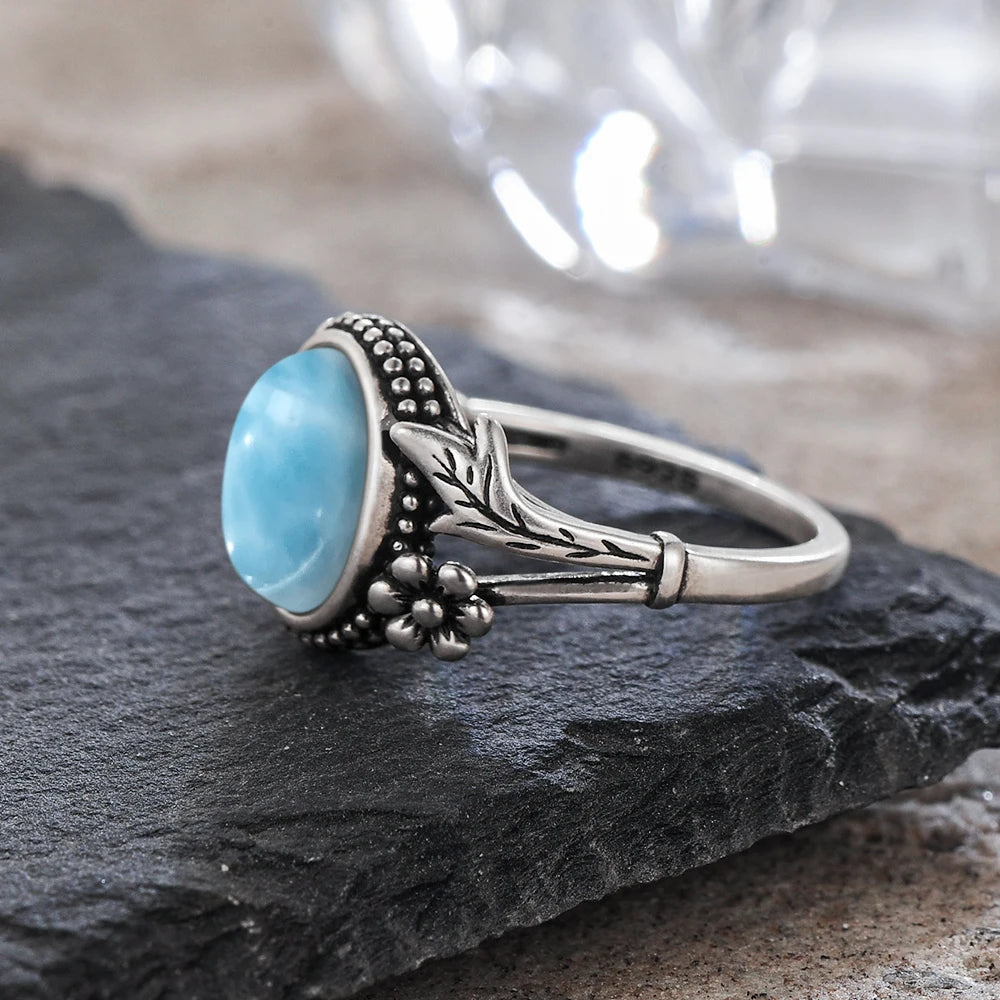 Vintage S925 Sterling Silver Natural 8*10mm Larimar Stone Ring Gift Flower leaf Shaped Moonstone Ring Fine Jewelry For Women