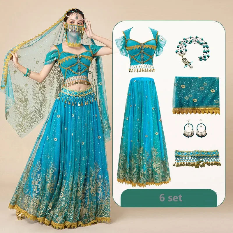 Women Festival Halloween Cosplay Belly Dance Top Dress Adult Indian Arab Jasmine Sari Fantasy Rave Bollywood Outfit Costume Suit