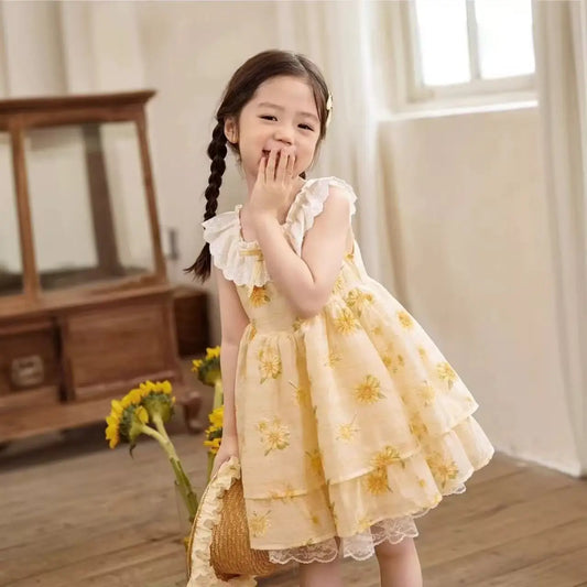 Toddler Girls Daisy Floral Dress Sleeveless Ruffle Lace Dress Summer Cute Sweet Princess Casual Everyday Outfit Kids Clothing