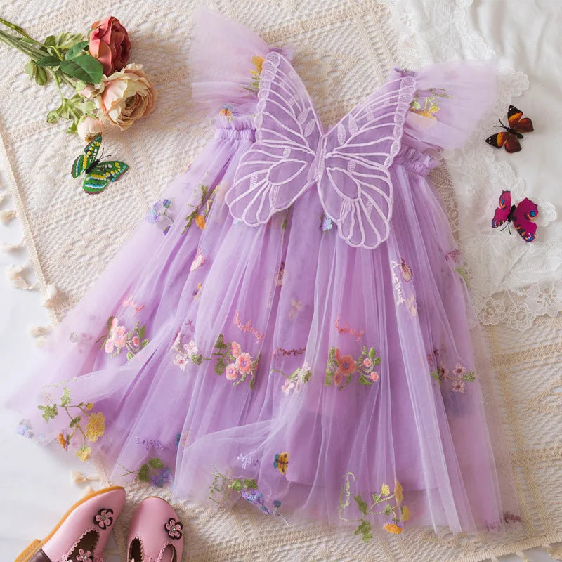 Summer Baby Girl Butterfly Wing Princess Dress Floral Embroidery Sleeveless Gauze Dress Girl Wedding Party Costume Nine Colors