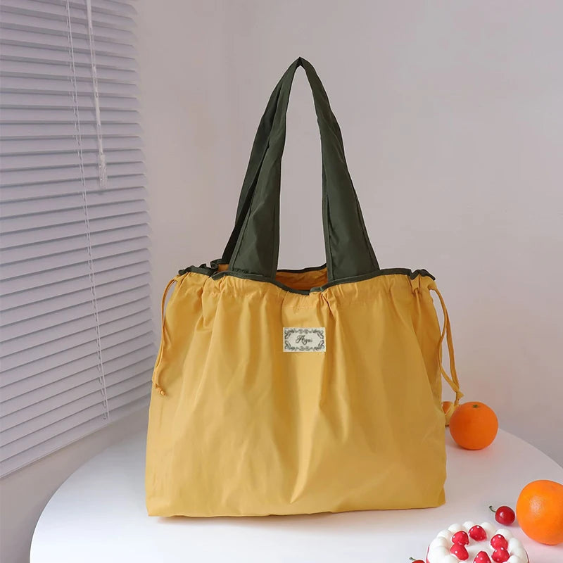Large Capacity Reusable Shopping Bag Fashion Eco-Friendly Drawstring Grocery Bag Casual Travel Waterproof Shoulder Handbag