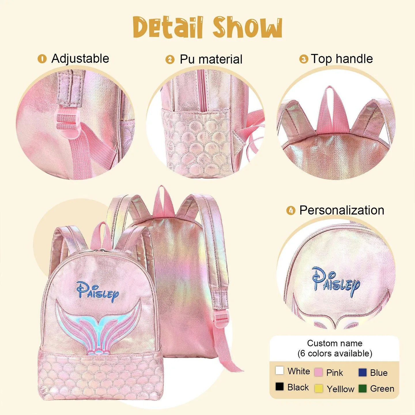 Iridescent Mermaid Tail PU Backpack for Girls  Custom Name Embroidery Adjustable Straps 6 Colors Lightweight School Bag