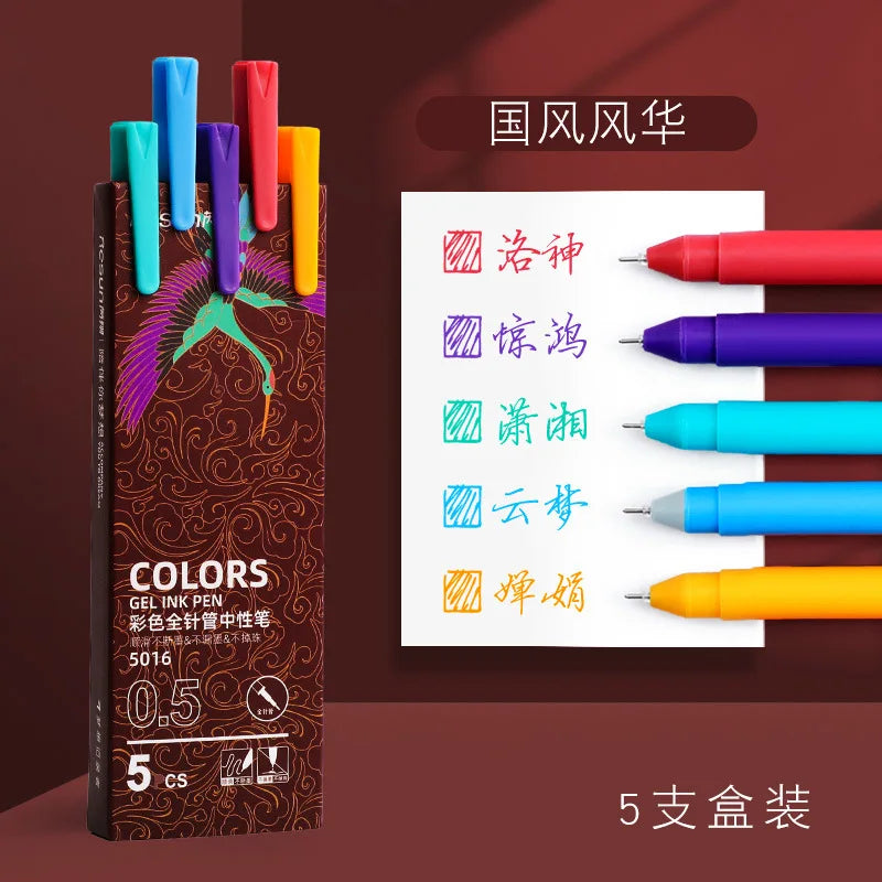 5PCS Retro Colored Gel Pen Set 0.5 mm Kawaii Fine Point Ballpoint Pens School Office Supplies Stationery
