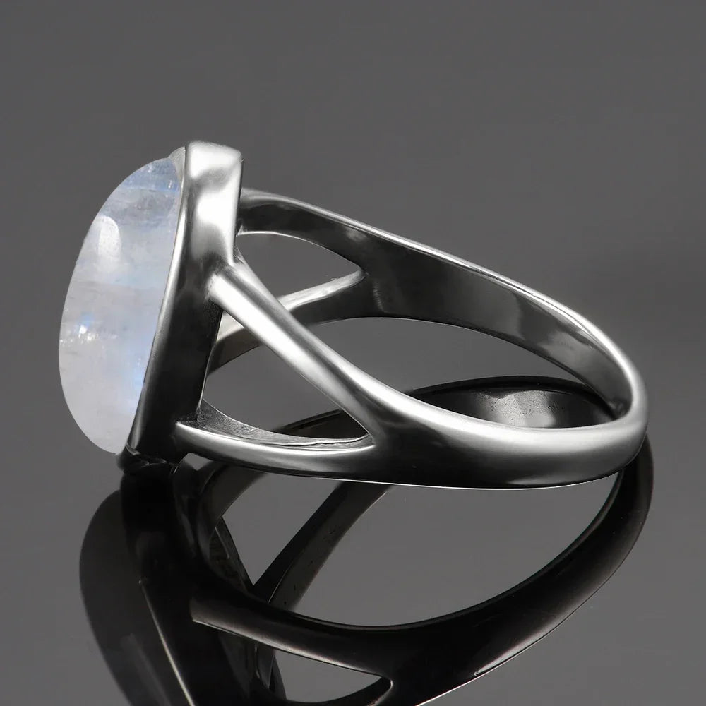 Silver Plated Ring Natural Moonstone Jewelry Rings Gemstone Vintage Jewelry for Women Men Girls Gift Luxury