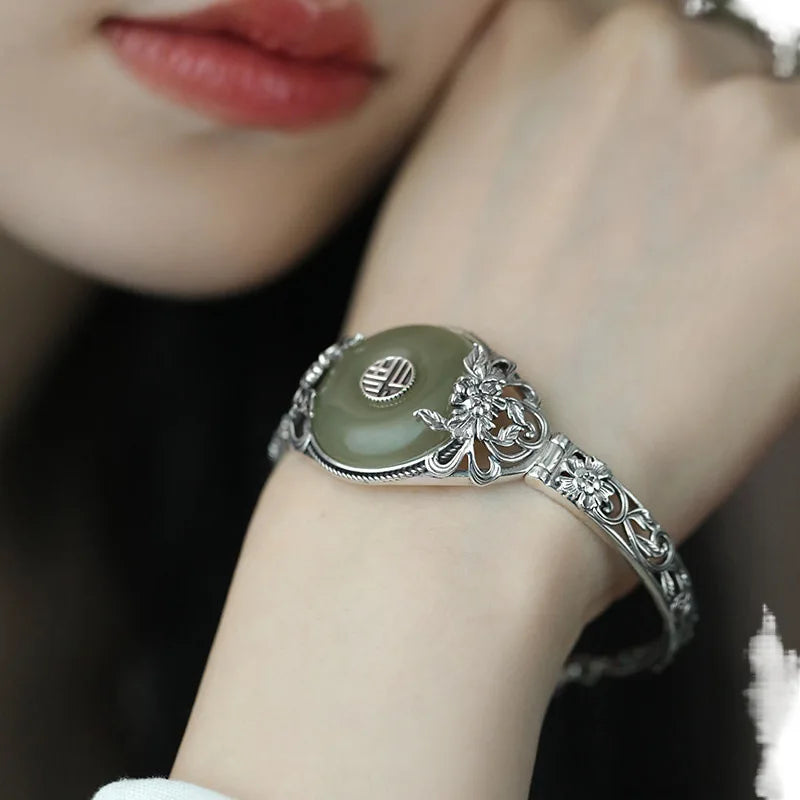 silver 925 new in retro natural Hotan Jade Fu character bracelets for women ethnic style peony flower bracelet wedding jewelry