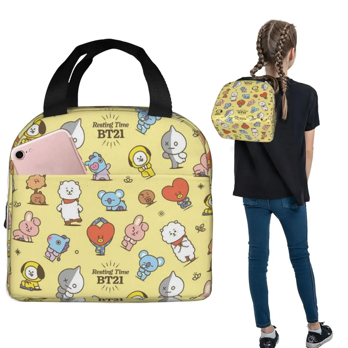Cute Cartoon BT21 Insulated Lunch Bag for Women Kids Leakproof Food Boxes Thermal Lunch Box Tote
