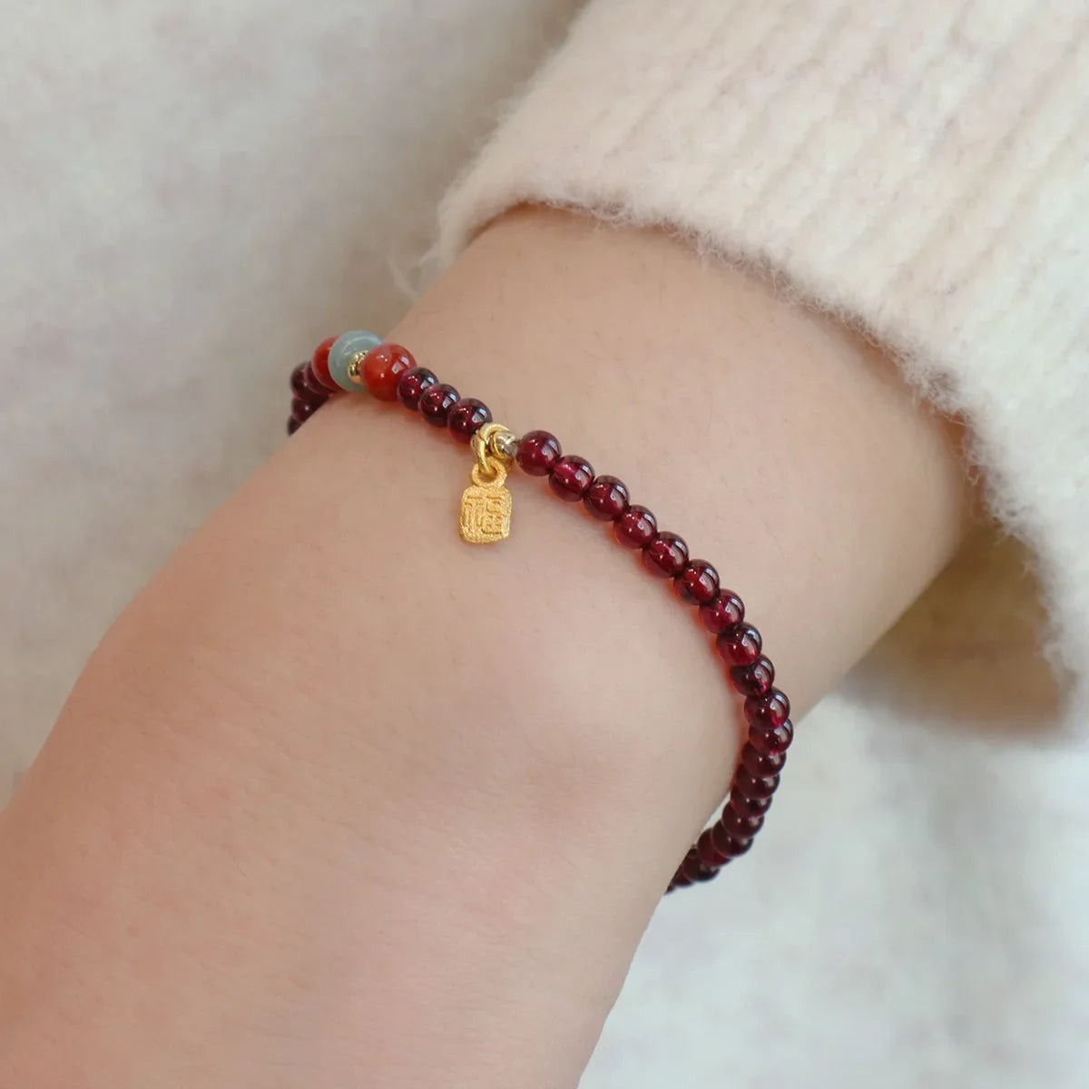 2026 3MM Garnet Bracelet with Aqua Jade & Agate, Gold Plated Stackable Beaded Bracelets for Women, Healing Crystal Gift 1420