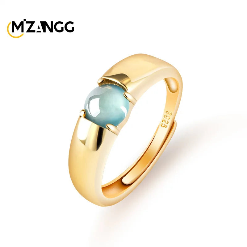 Natural Jadeite Blue Water S925 Silver Inlaid Egg Face Ring Fashion Luxury Glamour Women's Adjustable Jewelry