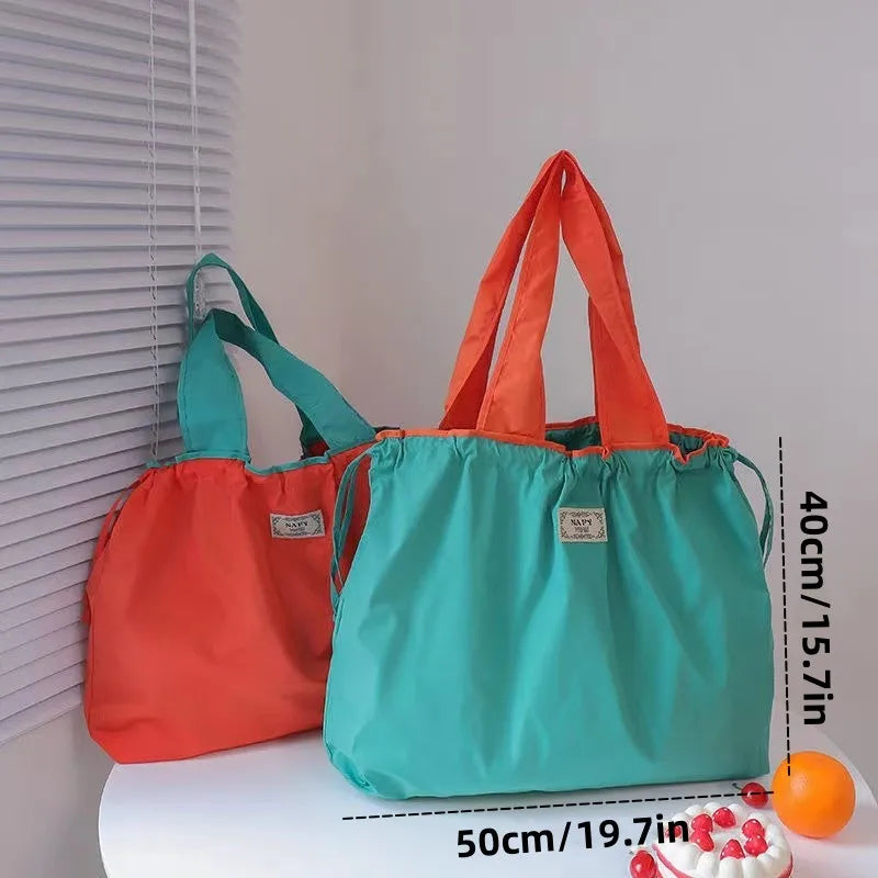 Large Capacity Reusable Shopping Bag Fashion Eco-Friendly Drawstring Grocery Bag Casual Travel Waterproof Shoulder Handbag