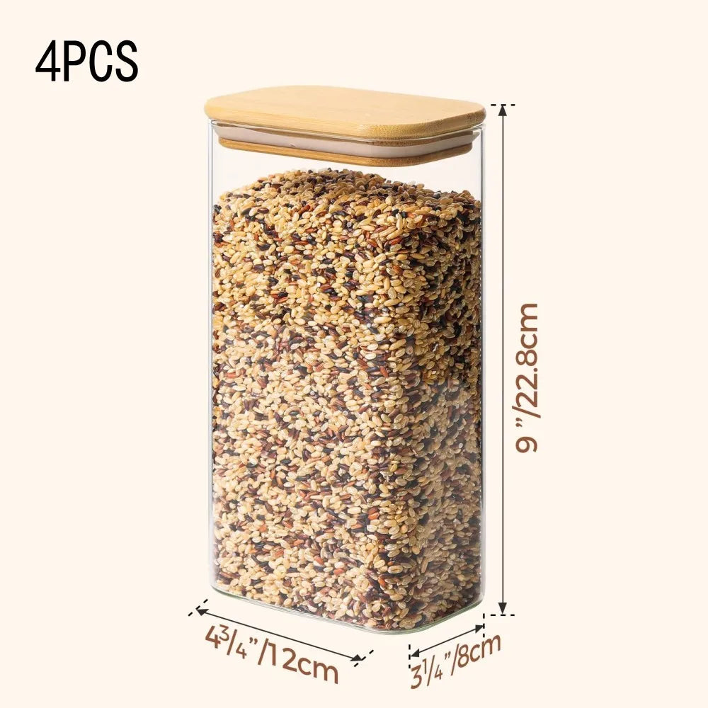 Rectangle Clear Storage Jars with Bamboo Lids For Sugar Coffee  Pantry Organizer Container for Pasta Tea Candy Nuts
