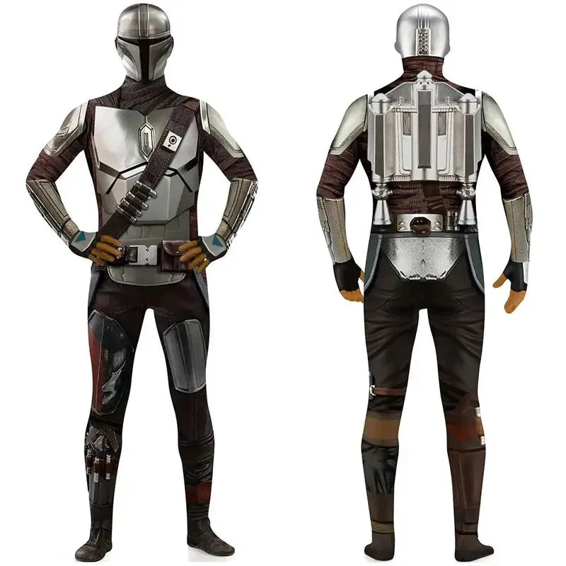 SW The Mandalorian Jumpsuit 3D Bodysuit with Head Cover Cosplay Costume Halloween Masquerade Performance Outfits for Adult Kids