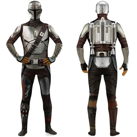 SW The Mandalorian Jumpsuit 3D Bodysuit with Head Cover Cosplay Costume Halloween Masquerade Performance Outfits for Adult Kids
