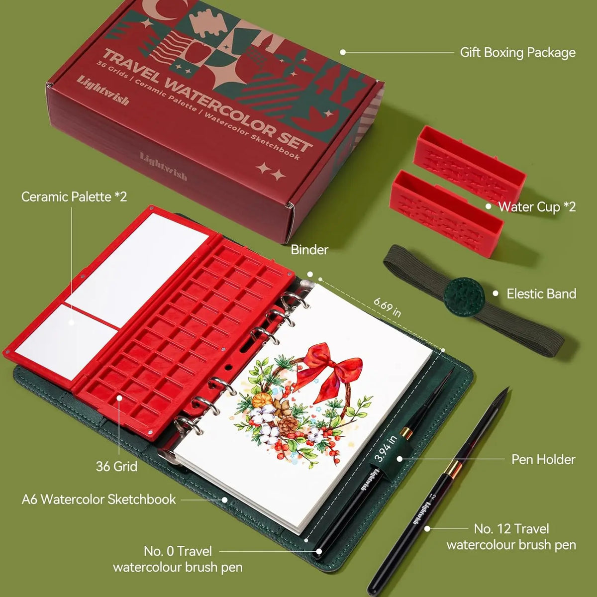 Portable Watercolor Sketchbook Set - 6.7x3.9 Inch Binder Art Journal with 36-Well Ceramic Paint Palette & 2 Brushes for Outdoor