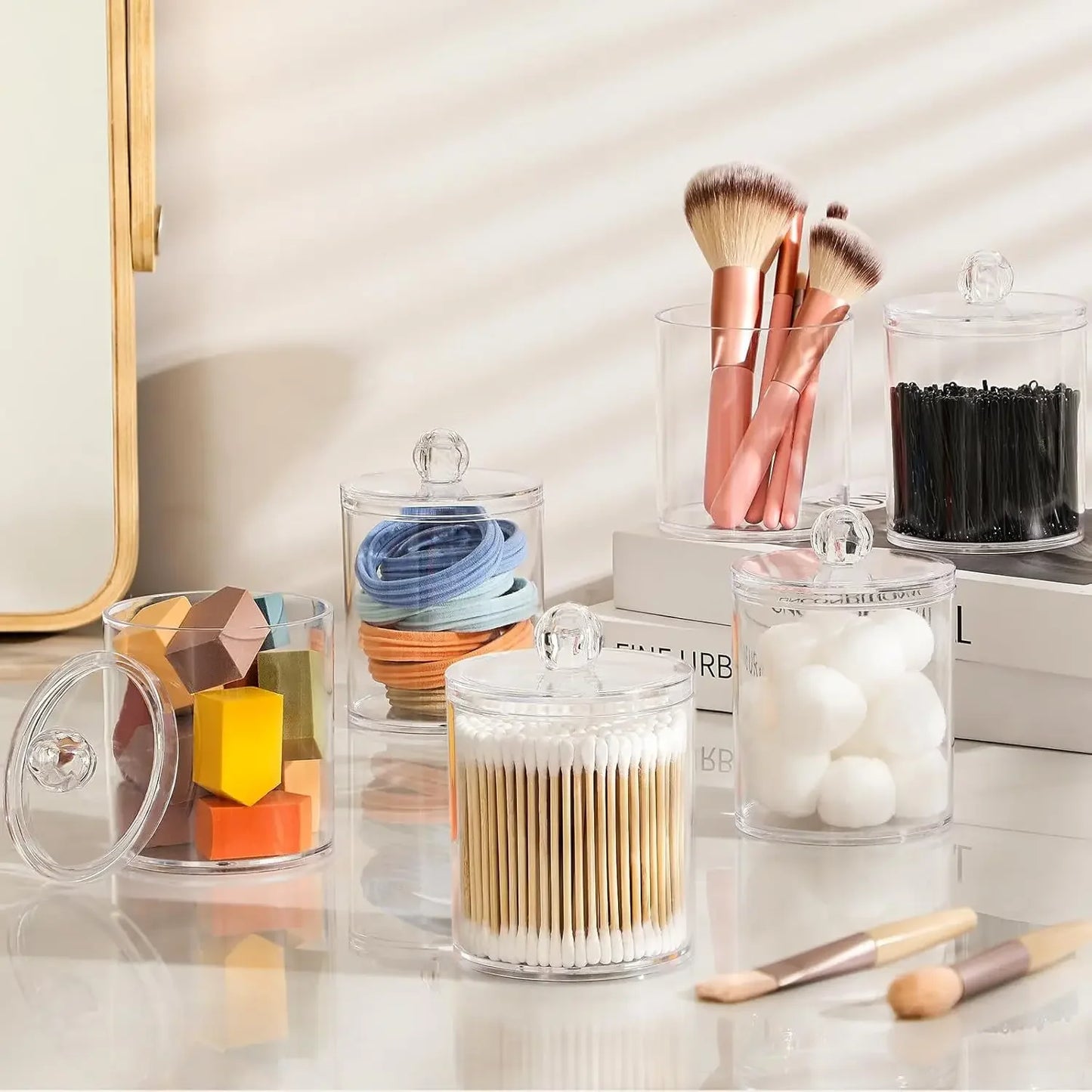 1pcs Cotton Swab Storage Box Acrylic Jar Makeup Organizer Cotton Round Pad Holder Box Q tip Holder Dispenser with Bamboo Lid