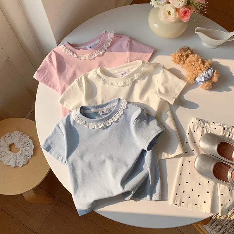 2-10T Cotton Summer Girls Top Infant T Shirt Toddler Kid Baby Clothes Short Sleeve Lace Tshirt Childrens Tee Outfit