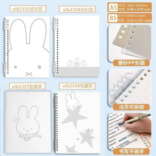 Kawaii Miffy Waterproof Snap Binding Notebook Lined Blank Grid Paper Coil Notepad A5 B5 A4 8K Multi-size Sketch Drawing Book