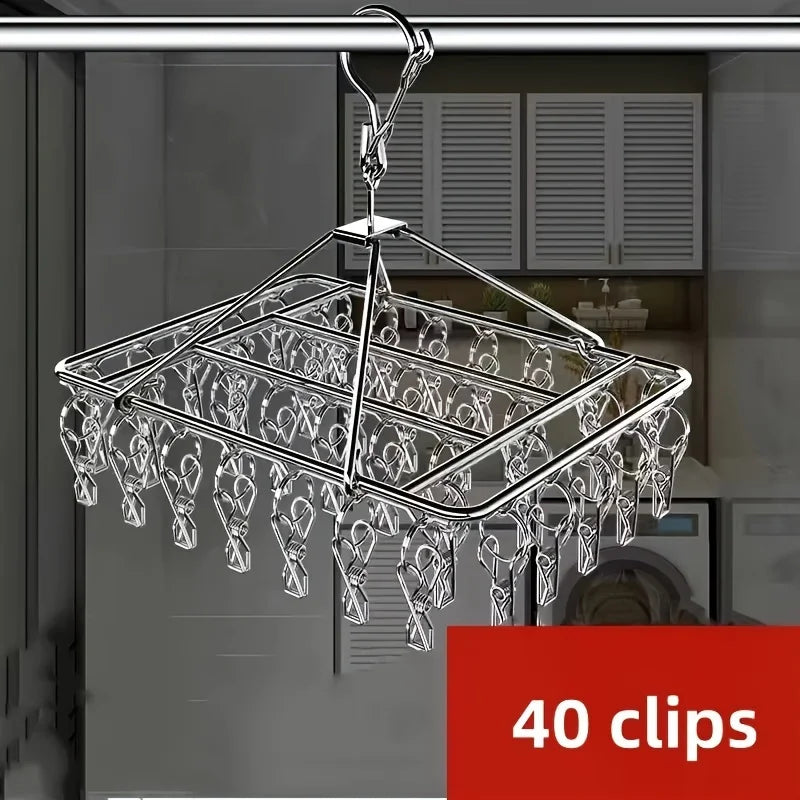 Stainless Steel Laundry Hanger Clothes Rack with 40 Anti-Wind Rotary Utility Hooks Windproof Drying Stand for Indoor/Outdoor Use