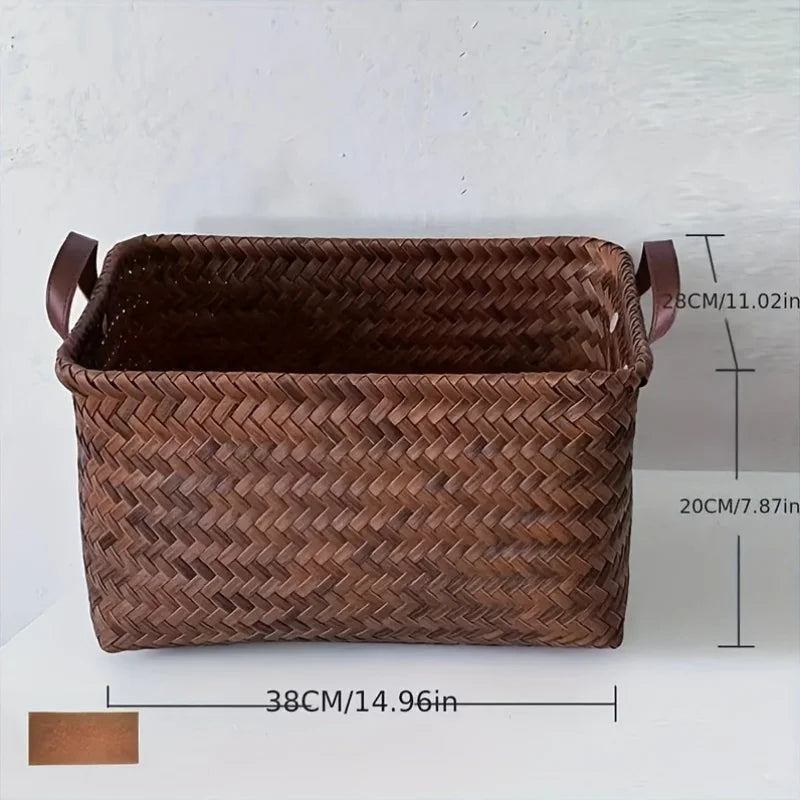 2pcs Handwoven Plastic Storage Baskets with Leather Handles-Durable, Stackable Organizer for Kitchen, Bathroom, Bedroom & Dorm