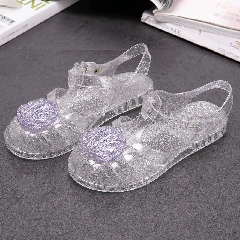Summer Children Closed-Toe Beach Soft Sole Non-Slip Kids Hollow Casual Shoes Jelly Crystal Girls Casual Roman Princess Sandals