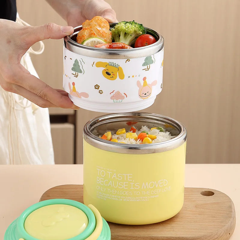 Thermos Bento Box Cartoon Pattern Double Layer Stainless Steel Lunch Box Office Workers Students Portable Thermos Food Container