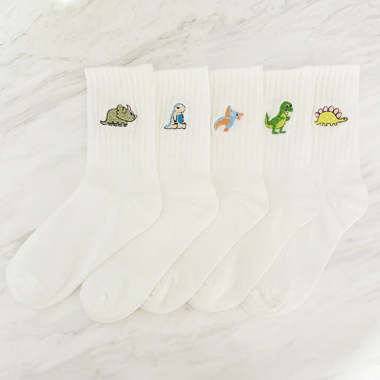 5 Pairs/Pack Cute Women Embroidery Dinosaur Socks White Lovely Cartoon Animal Vintage Shortnovelty Crazy Funny Cozy Socks