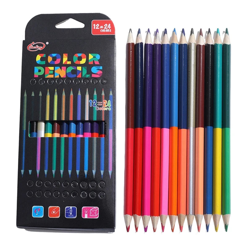 24 Colors Double Headed Pencils for Children Professional Drawing Sketching and Pastel Art Premium Student School Art Supplies