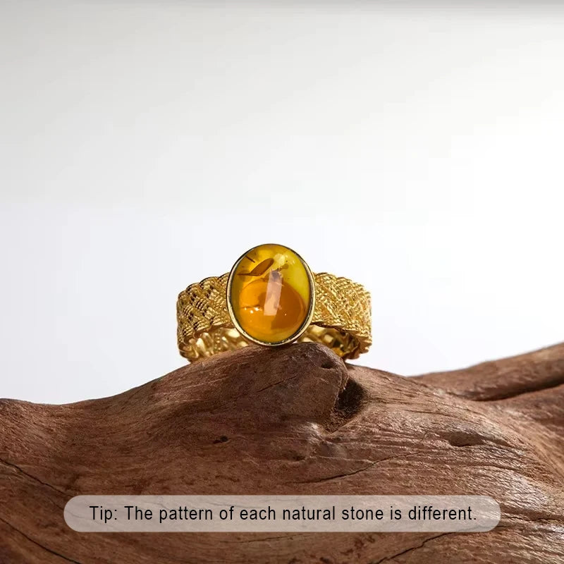 S925 Sterling Silver Ring With Natural Amber Stone Flower Shape Oval Petal Amber Stone Gifts Fine Jewelry For Women