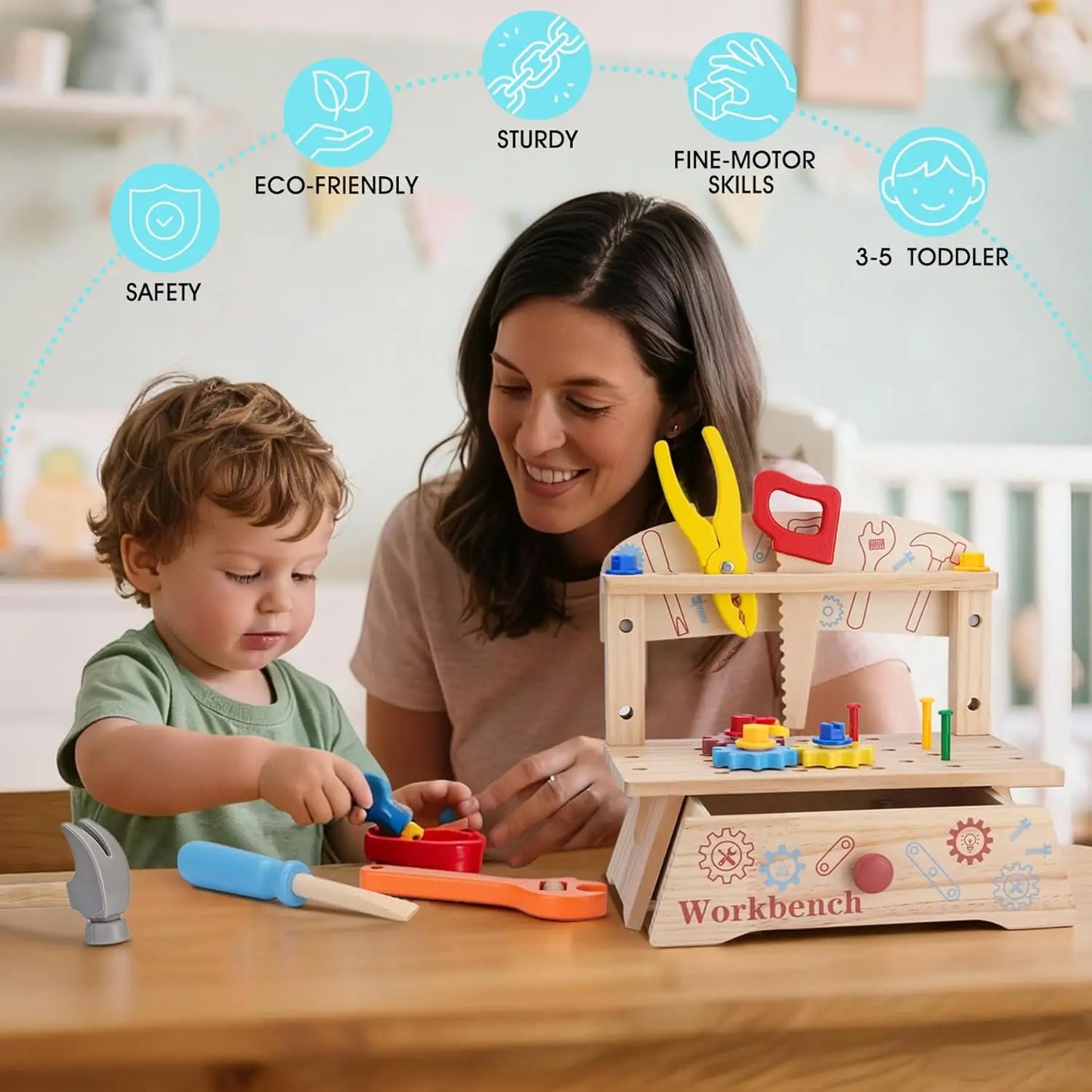 Wooden Tool Bench for Kids,Montessori Educational Pretend Play Construction Toy,Activity Gift Construction Toy for Boys Girls