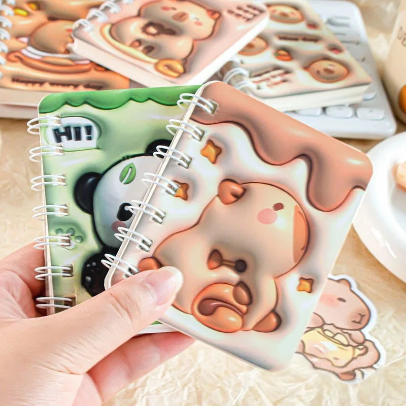 3D Cover Puff A7 Notebook for Students, High-Aesthetic Spiral Mini Journal, Portable Notepad for School Office Capybara Panda