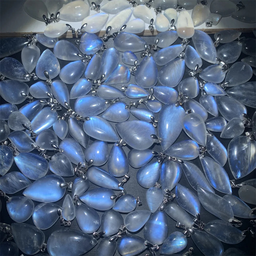 Natural Colorful Moonstone Pendants Necklaces Unusual Women Big Orange Blue Light Rainbow Moon Stones Bead Gemstone Jewelry S925