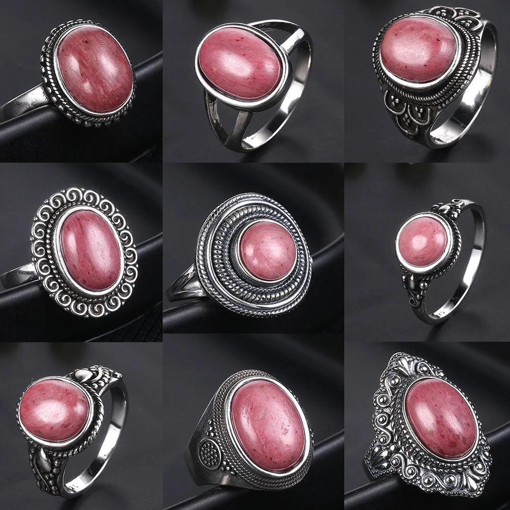 Natural Rhodochrosite Rings Women's S925 Silver Jewelry Ring Gifts Vintage Fine Wedding Ring