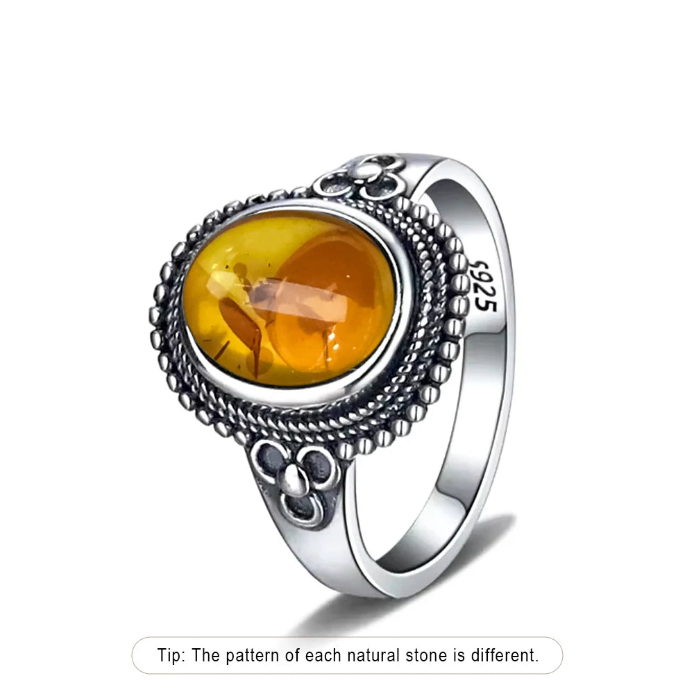 S925 Sterling Silver Ring With Natural Amber Stone Flower Shape Oval Petal Amber Stone Gifts Fine Jewelry For Women