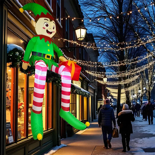 8FT Christmas Inflatable Sitting Elf with Gift Pack Decorations Built-in LED for Outdoor Beam Roof Tree Party Yard Decorations
