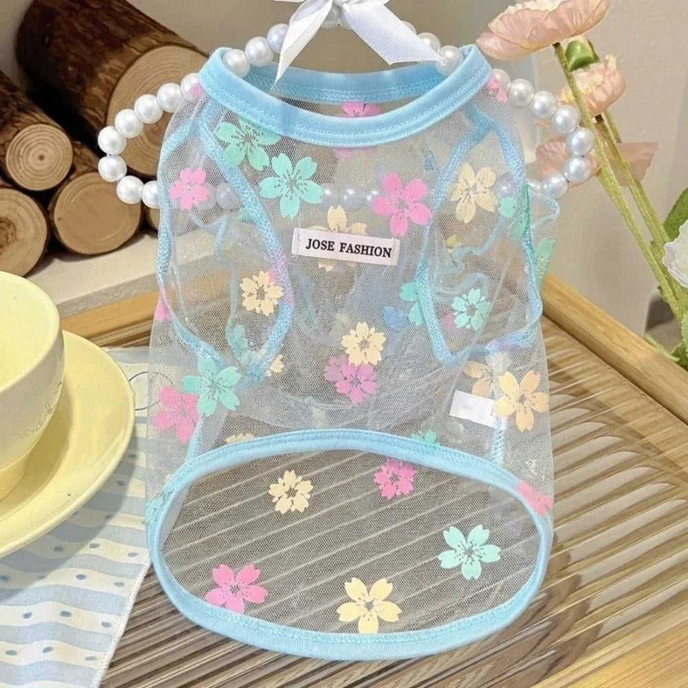 Thin Breathable Cooling Dog Vest Flying Sleeves Sunproof Cat Mesh T Shirt Lightweight Floral Print Dog Sunscreen Clothing Summer