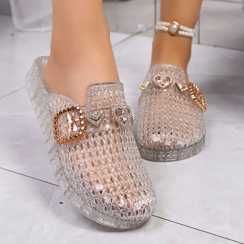Women's jelly crystal open-toe slippers, new summer style, fashionable women's beach sandals, hollow design, non-slip.